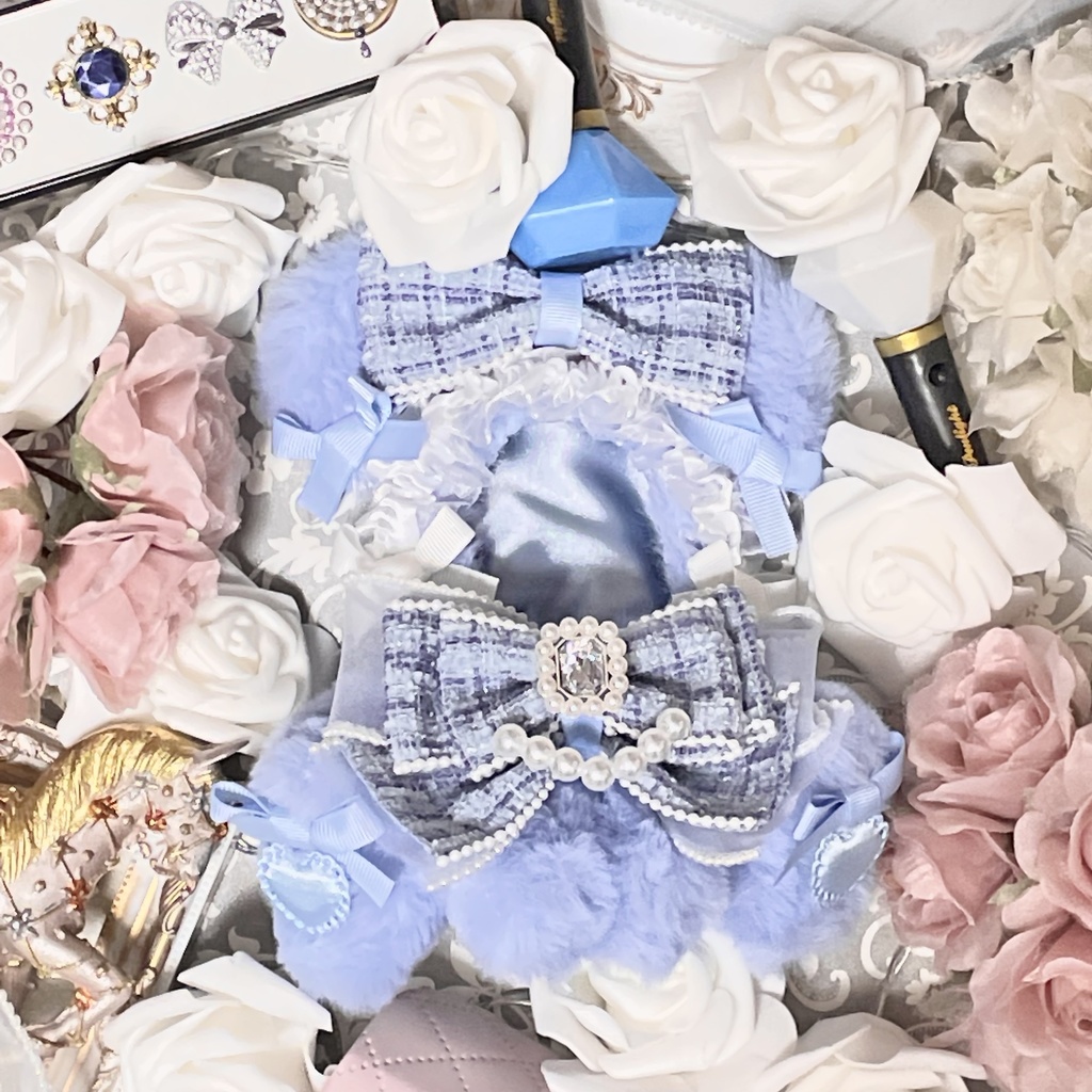 Sサイズぬい服💙smoke blue pearl tweed ribbon(裏地あり)