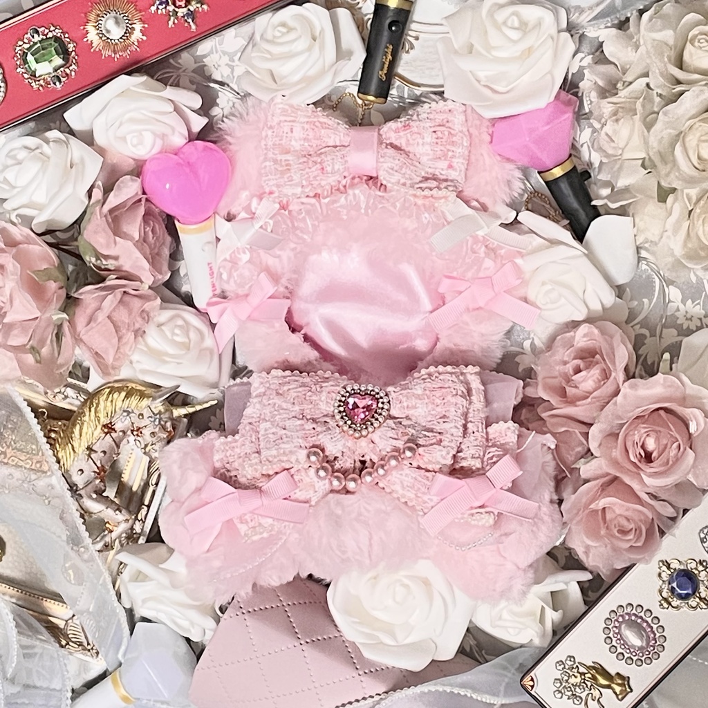 Mサイズぬい服🌸Sakura pink pearl tweed ribbon(裏地あり)