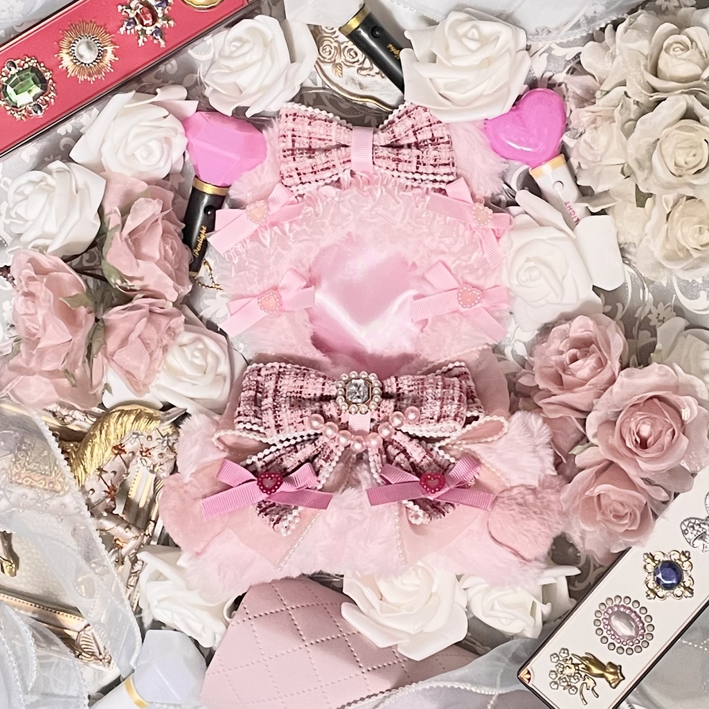 Mサイズぬい服💕pink✖︎red pearl tweed ribbon(裏地あり)
