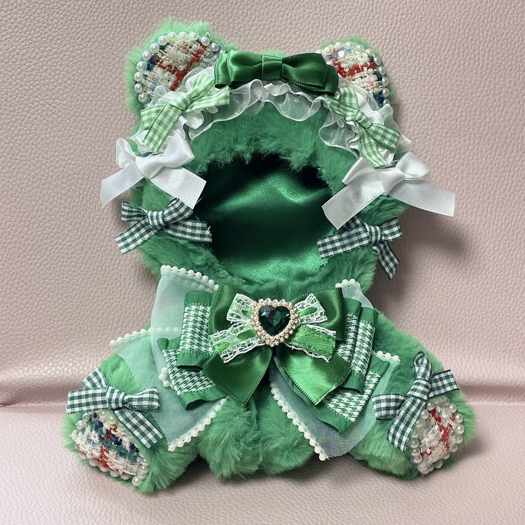 Mサイズぬい服💚Green tweed houndstooth ribbon(裏地あり)