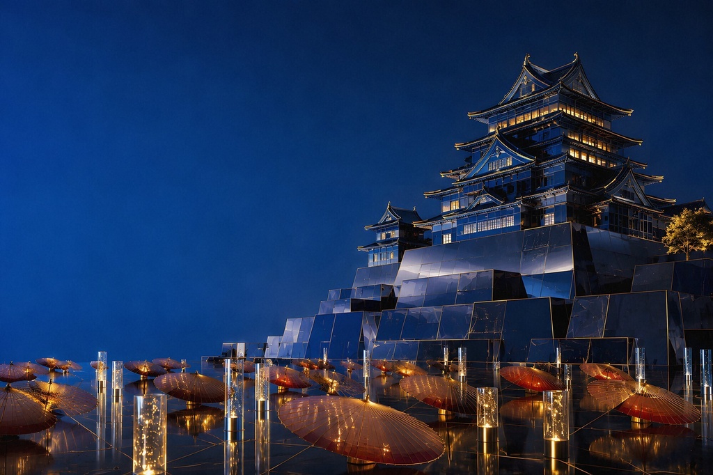近未来の城と灯り|Futuristic 3D Japanese Castle & Light Background