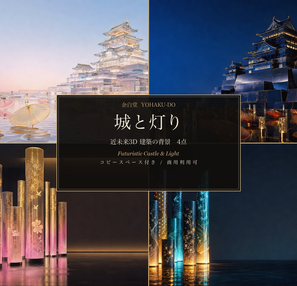近未来の城と灯り｜Futuristic 3D Japanese Castle & Light Background