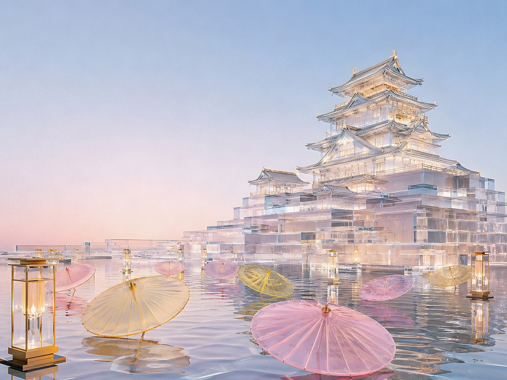 近未来の城と灯り|Futuristic 3D Japanese Castle & Light Background
