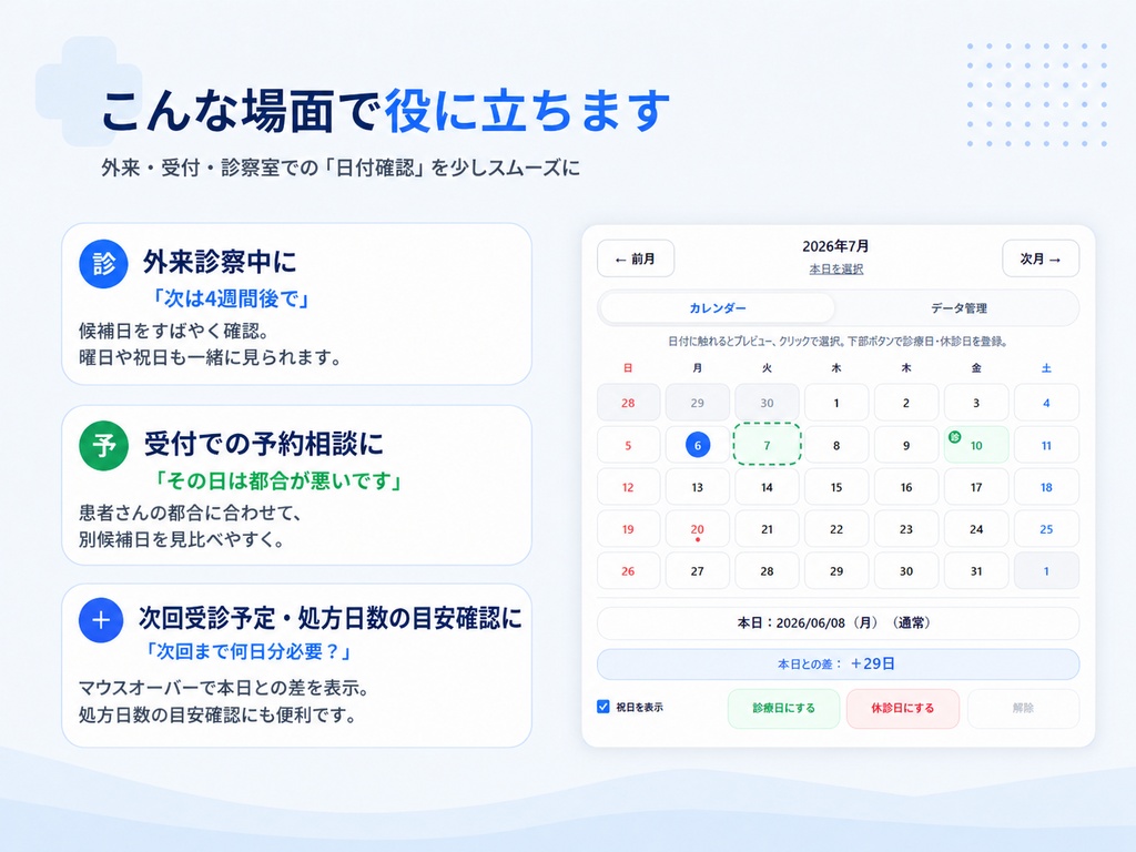 【有料モニター版】再診日ミニカレンダー|外来・受付向け 日付確認補助ツール