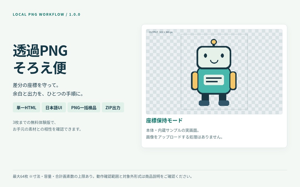 透過PNGそろえ便|透明余白・出力サイズ統一【製品版・最大64枚】