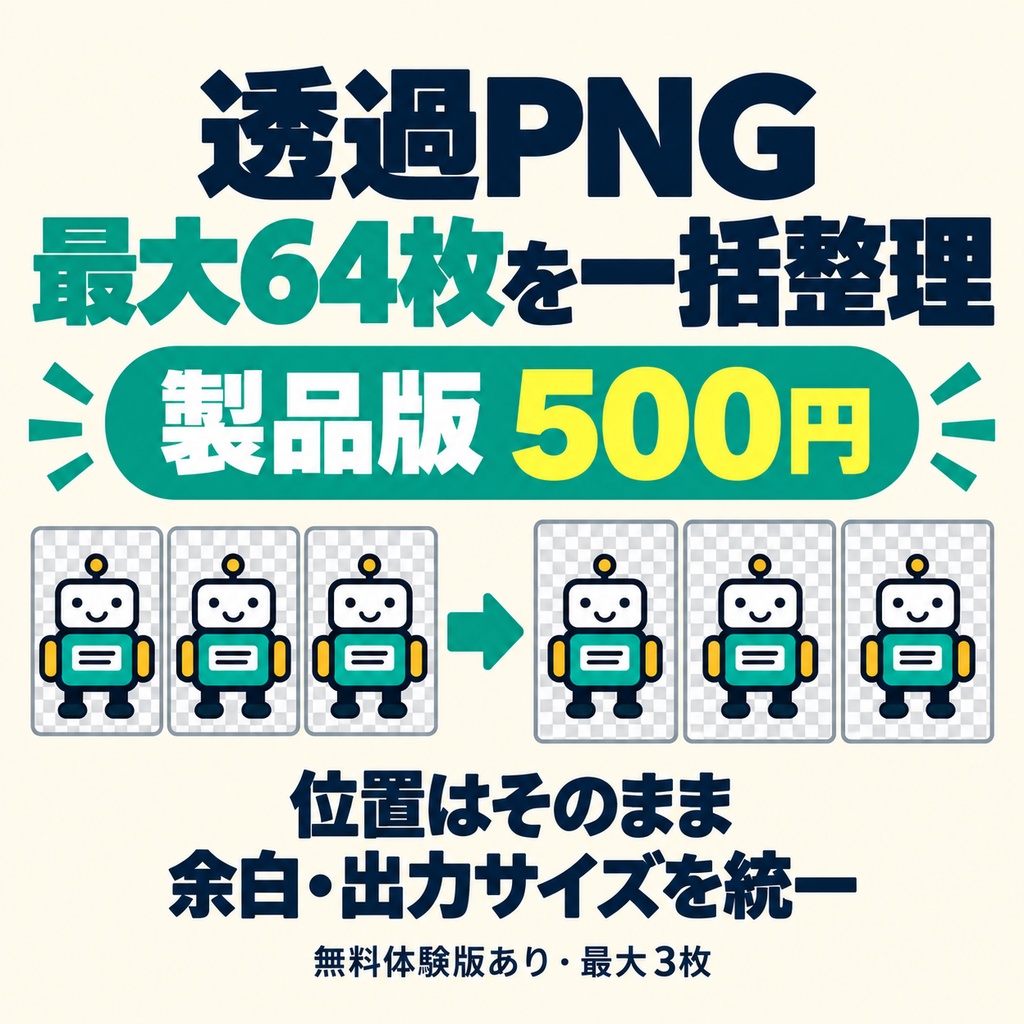 透過PNGそろえ便｜透明余白・出力サイズ統一【製品版・最大64枚】