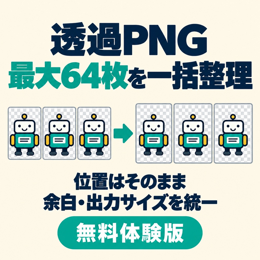 透過PNGそろえ便|透明余白・出力サイズ統一【製品版・最大64枚】