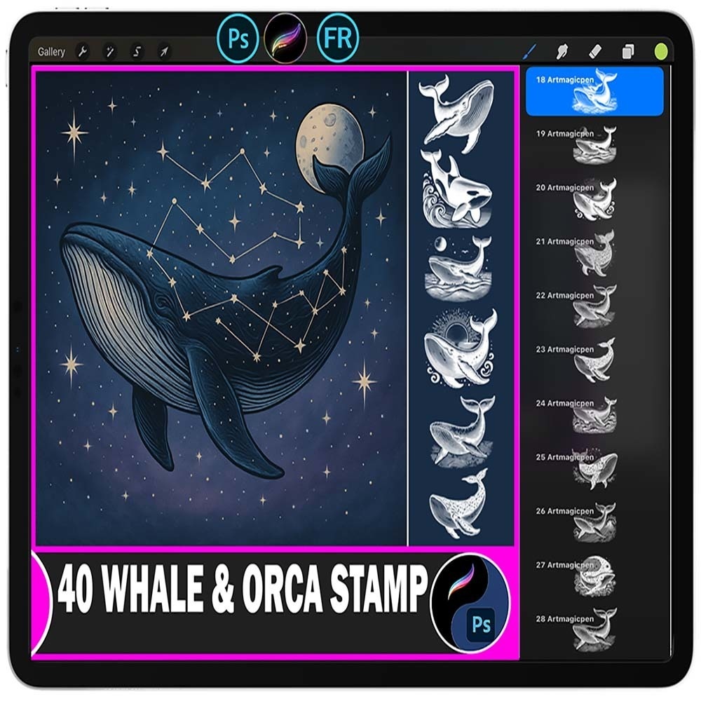 40 Procreate & Photoshop クジラ＆オルカスタンプセット | Procreate & Photoshopブラシ素材