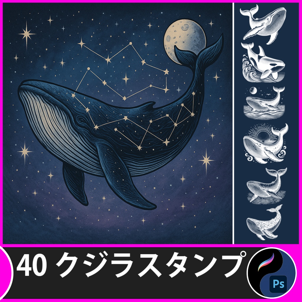 クジラ＆オルカスタンプセット | Procreate & Photoshopブラシ素材