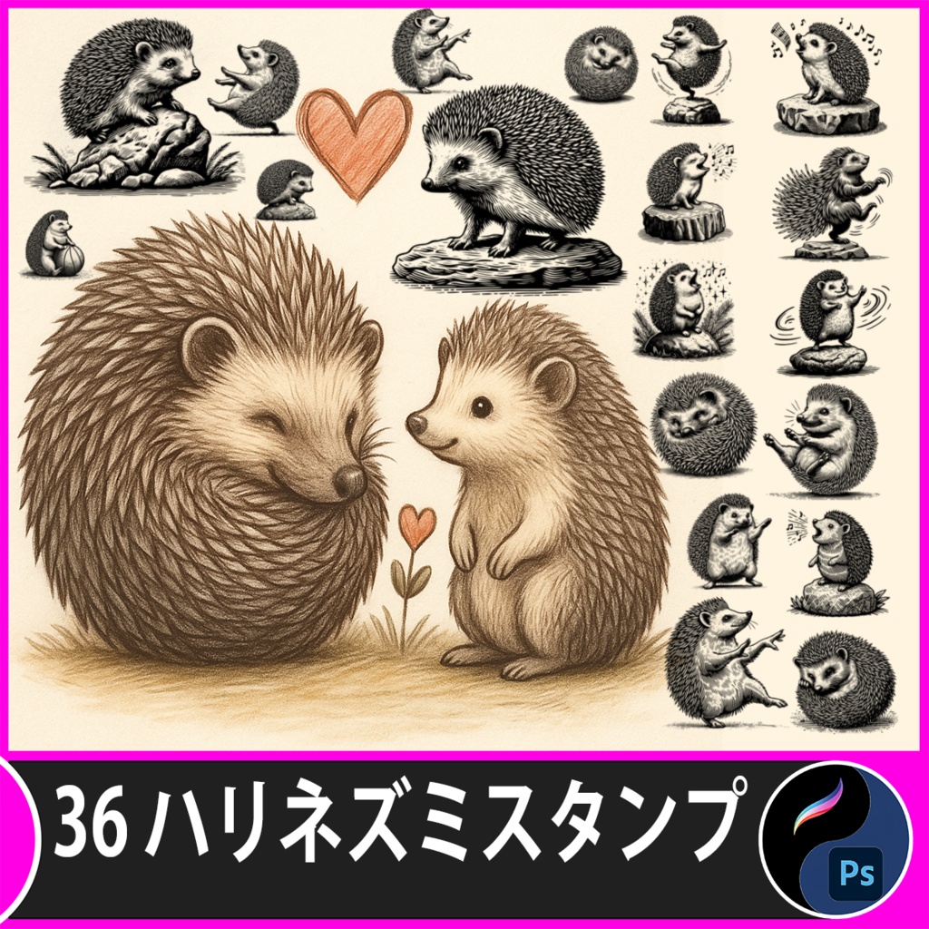 可愛いハリネズミスタンプセット | Procreate & Photoshopブラシ素材