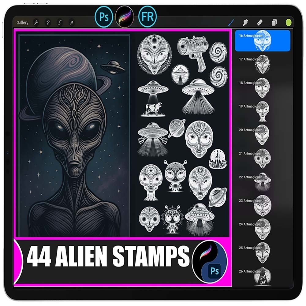 44 Procreate & Photoshop エイリアン＆スペーススタンプセット | Procreate & Photoshopブラシ素材