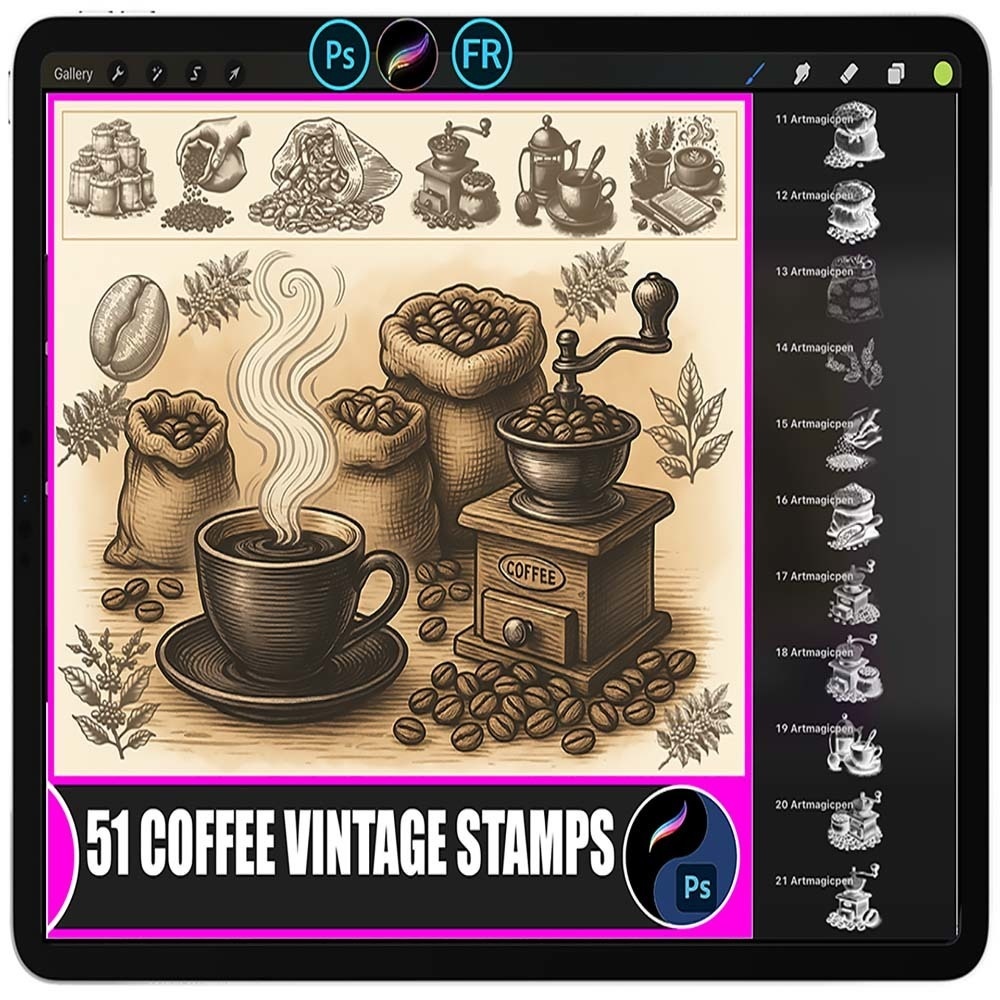 Procreate & Photoshop コーヒースタンプセット – ヴィンテージ豆とカップイラスト Procreate & Photoshop 用