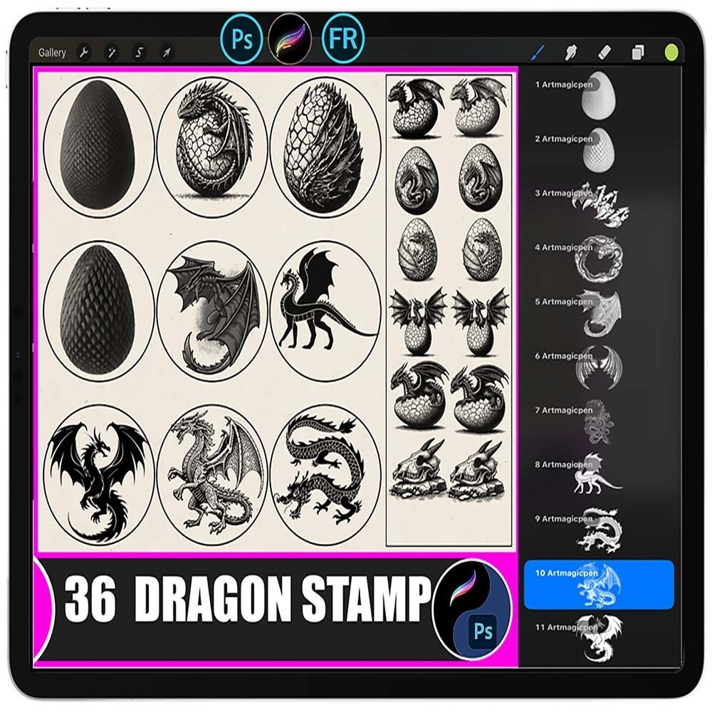 Procreate & Photoshop ドラゴンの芸術的スタンプセット - Photoshop・Procreate用
