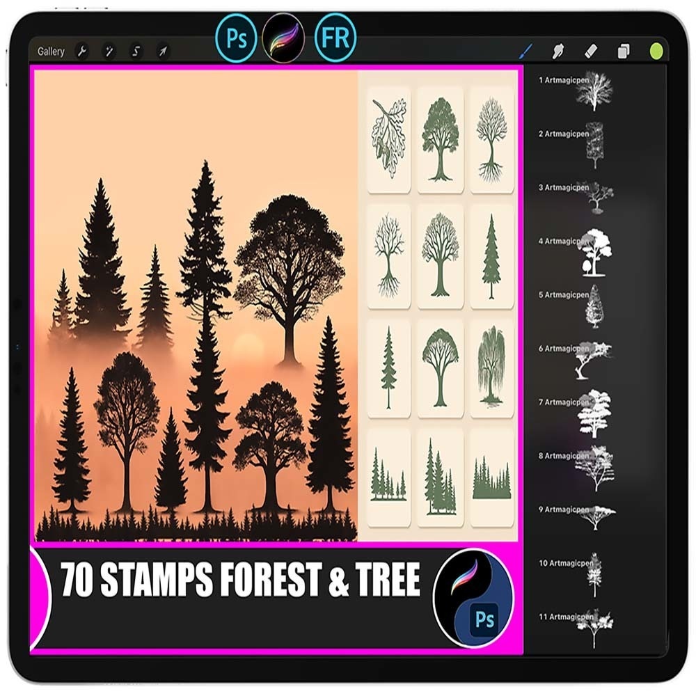 Procreate & Photoshop 自然のシルエット – 森と樹のヴィンテージスタンプ Photoshop / Procreate