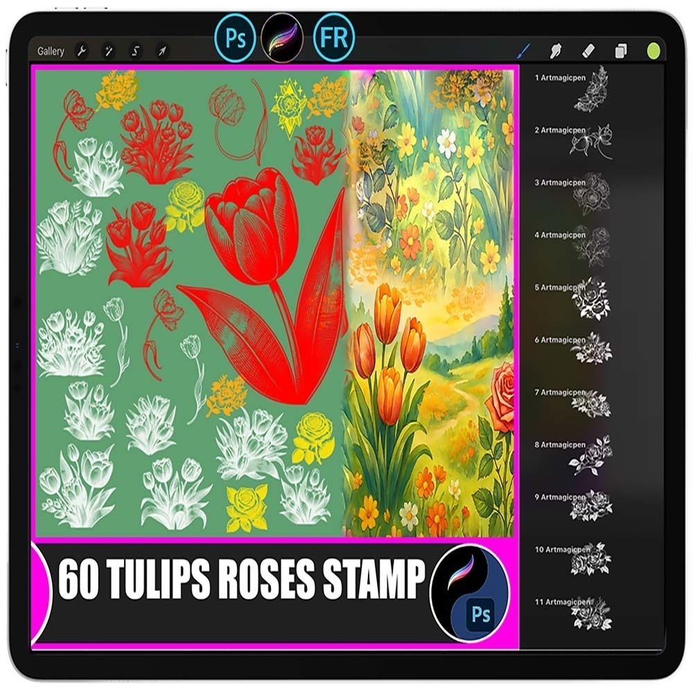  Procreate & Photoshop ヴィンテージフローラルガーデン – プロクリエイト & フォトショップ用ブラシセット