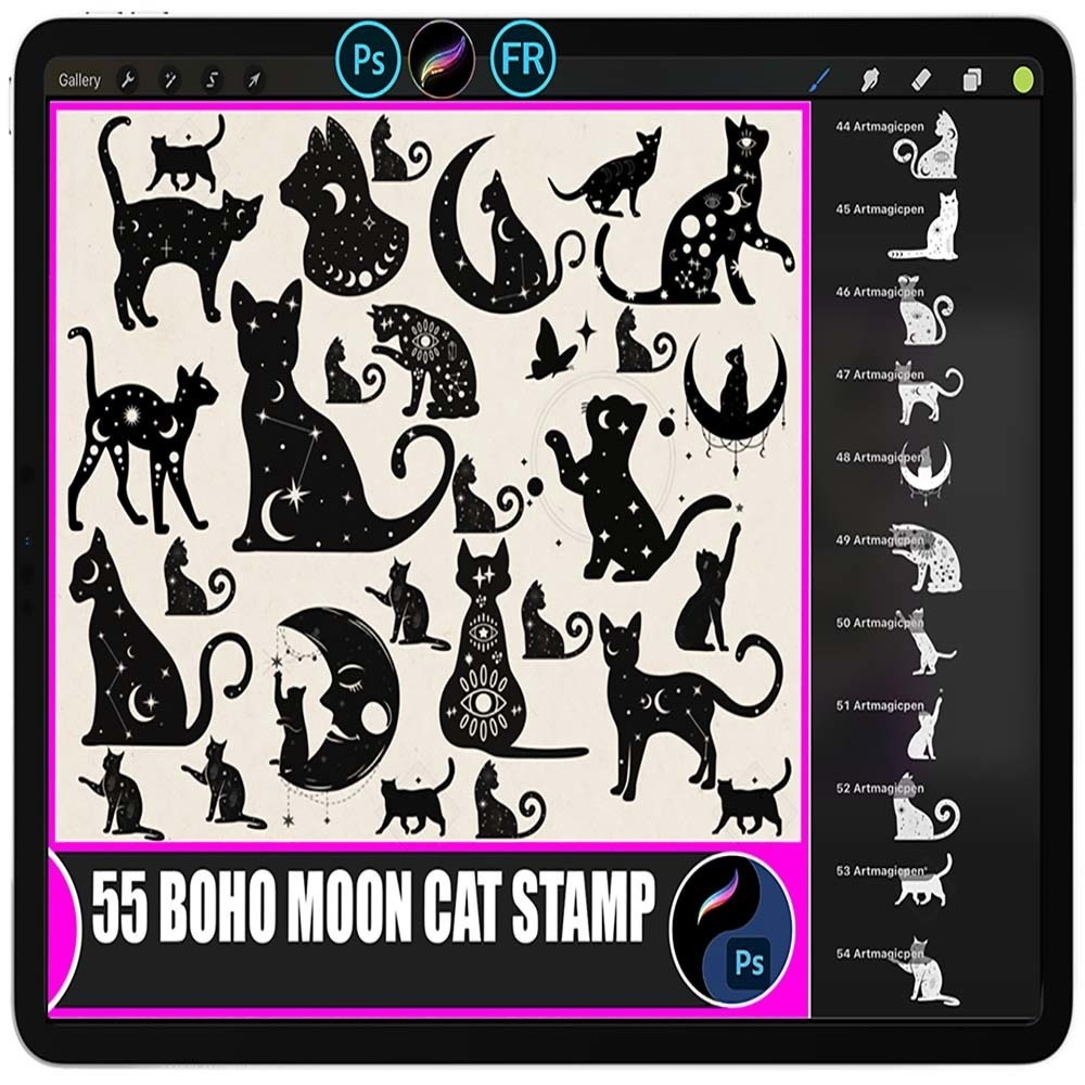 55個のボヘミアン・ムーンキャットスタンプ | Procreate・Photoshop・| デジタルアート素材