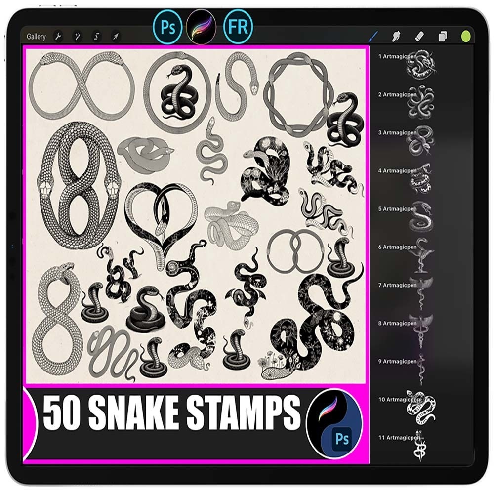 Procreate/PS用】蛇モチーフ・タトゥースタンプブラシ50種セット Procreate、Adobe Photoshop