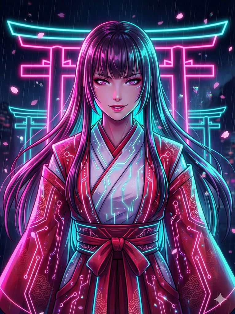 和風サイバーパンク巫女「ネオン巫女・焔華（えんか）」／ PNGデータ