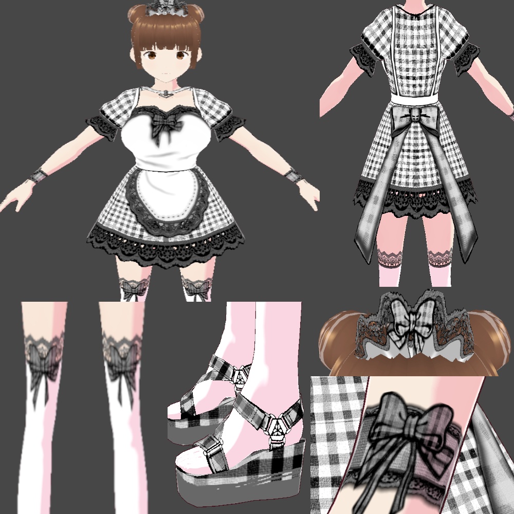 (FULL OUTFIT) Black Plaid Gingham Maid Dress Outfit