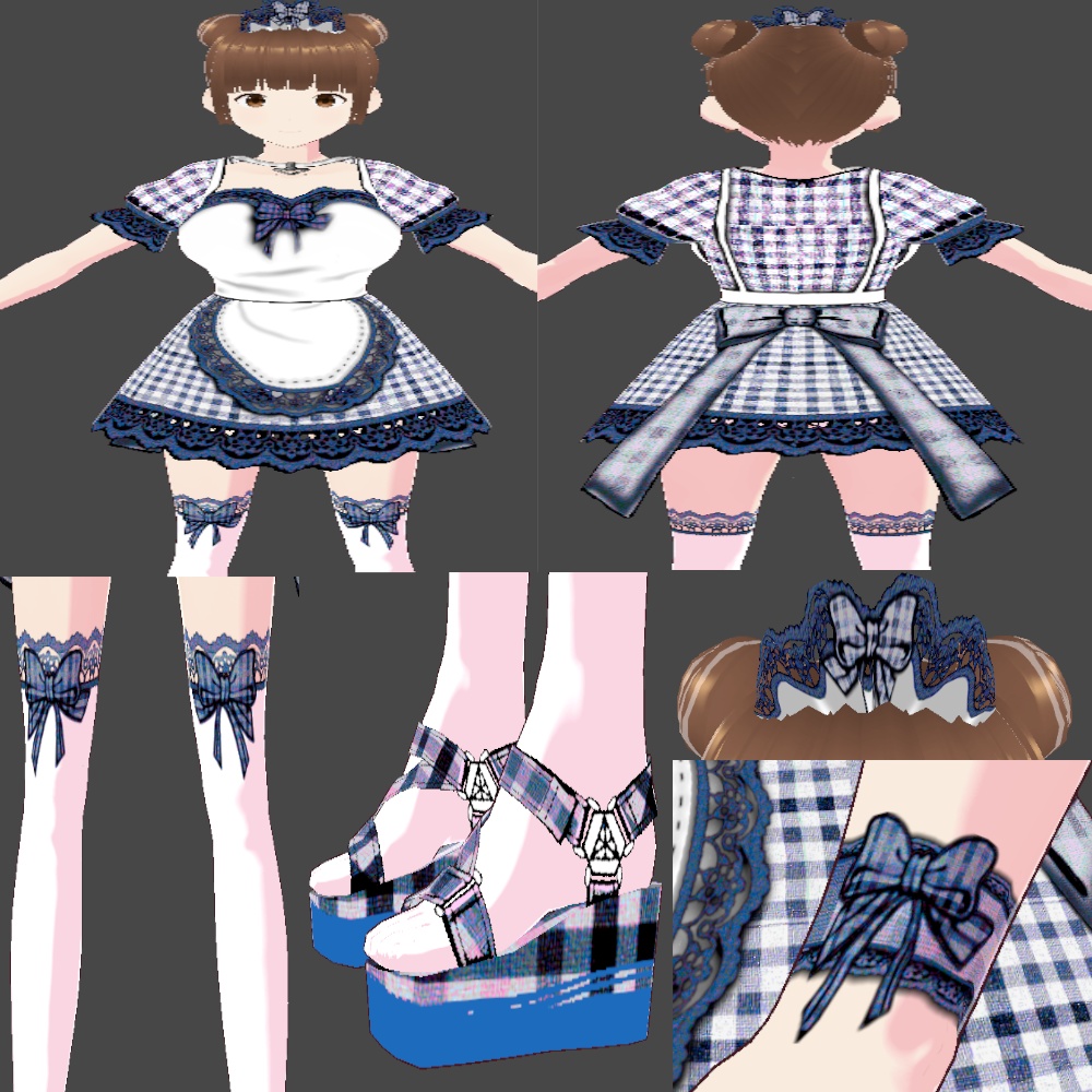 (FULL OUTFIT) Blue Plaid Gingham Maid Dress Outfit