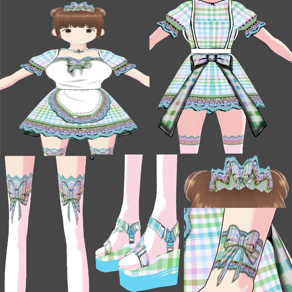 (FULL OUTFIT) Blue Green Rainbow Plaid Gingham Maid Dress Outfit