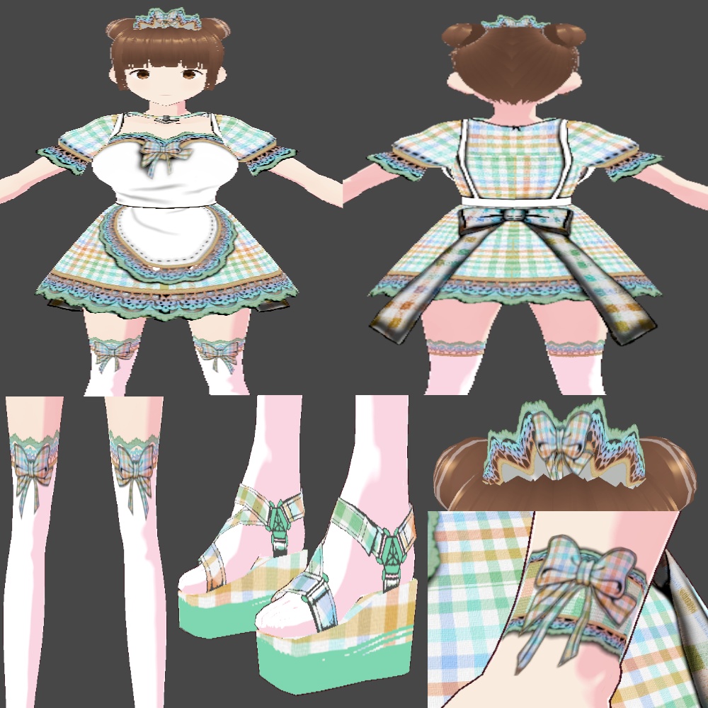 (FULL OUTFIT) Green Orange Rainbow Plaid Gingham Maid Dress Outfit