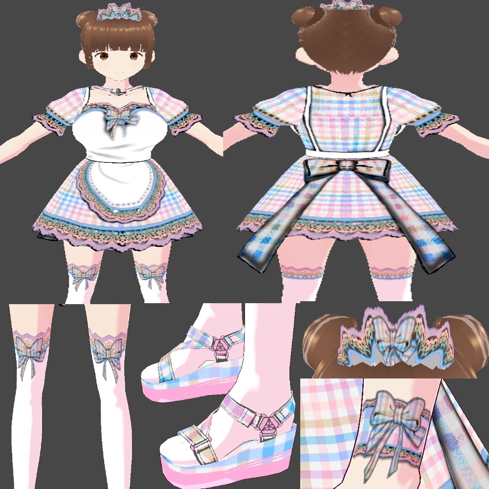 (FULL OUTFIT) Pink Blue Rainbow Plaid Gingham Maid Dress Outfit