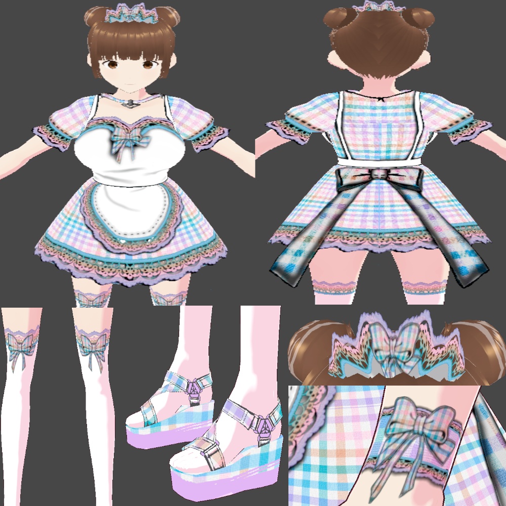 (FULL OUTFIT) Purple Blue Rainbow Plaid Gingham Maid Dress Outfit