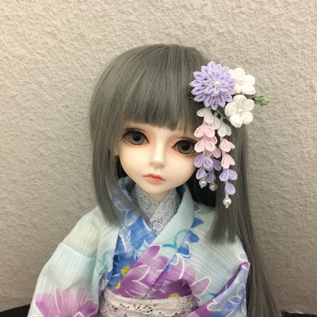 《つまみ細工 受注販売》 ダリア&小花の藤下がり ドール 髪飾り かんざし