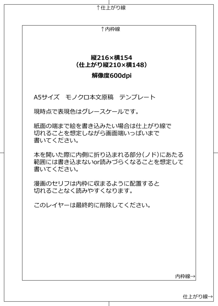 A5モノクロ原稿テンプレート(１ページ分)、PNG形式