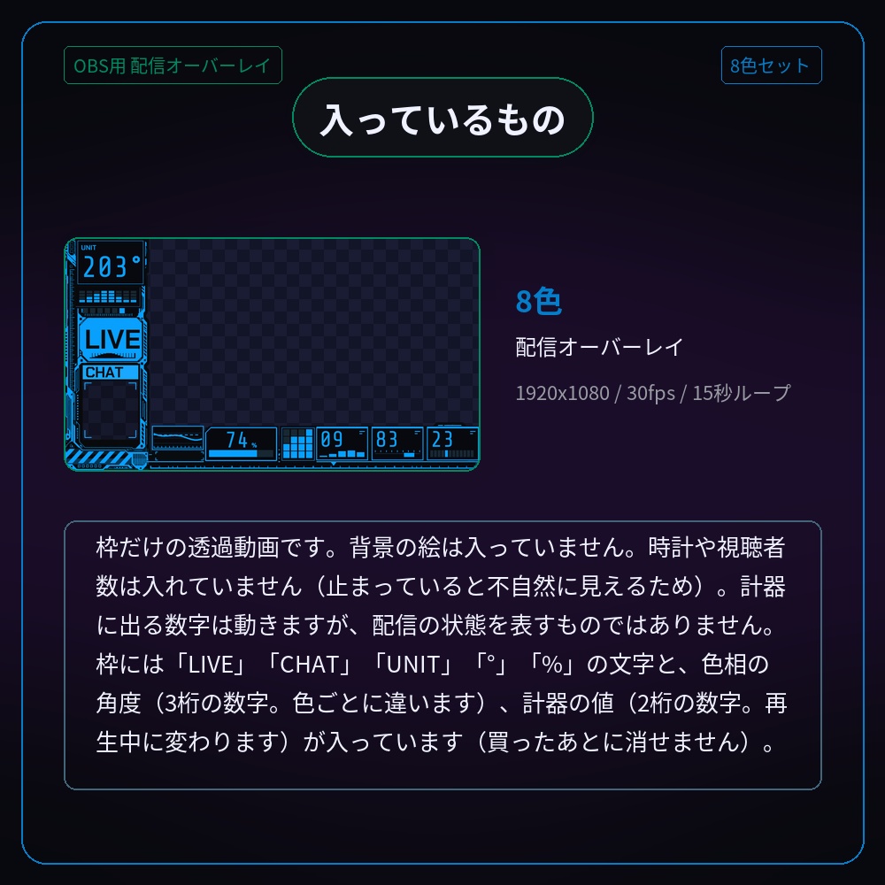 サイバーパンクの動く配信オーバーレイ 8色セット【配信者・VTuber素材】