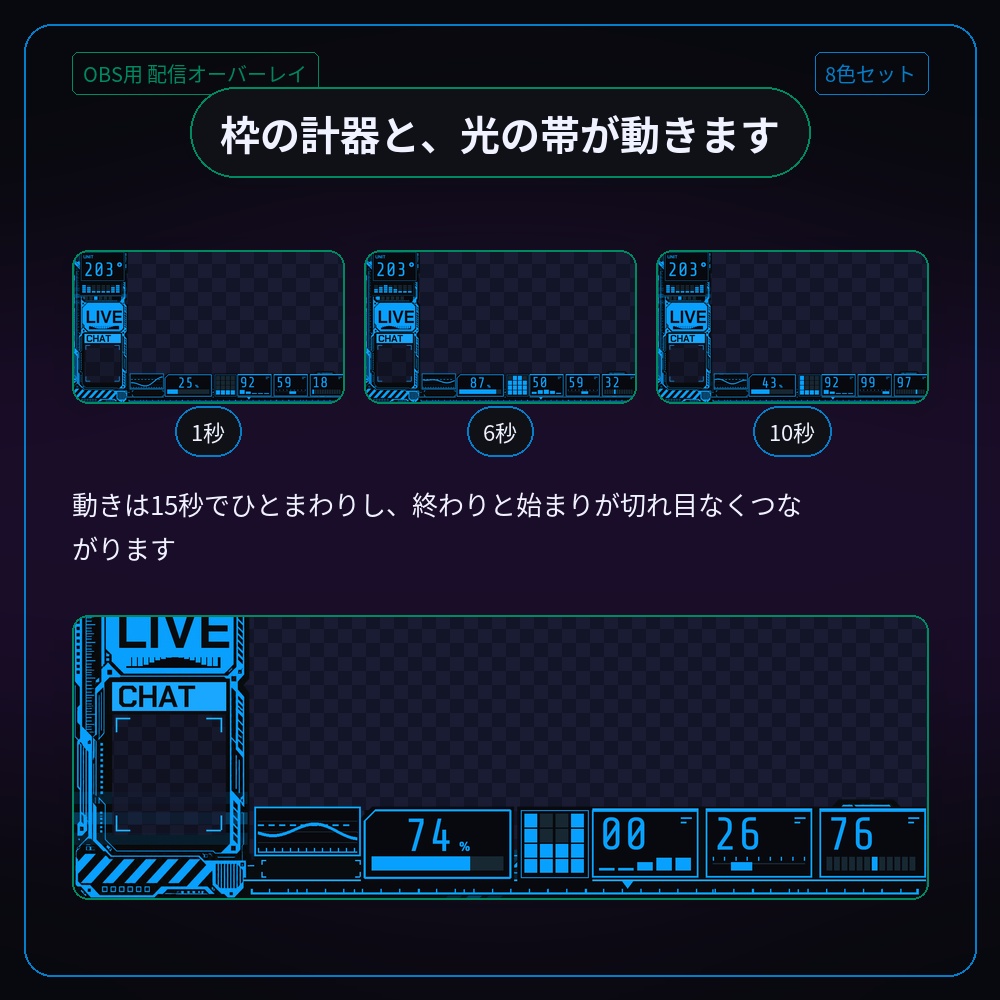 サイバーパンクの動く配信オーバーレイ 8色セット【配信者・VTuber素材】