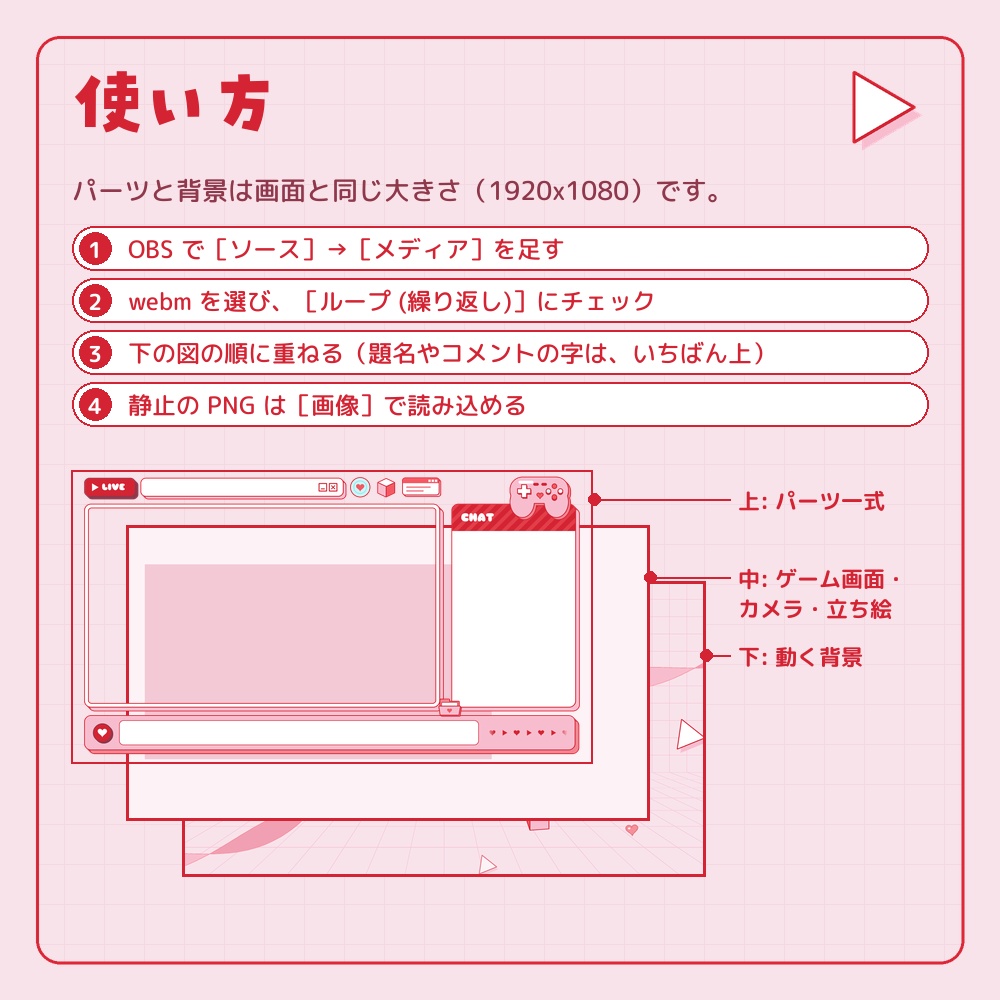 かわいい赤とピンクの動く配信画面セット【ゲーム小物・コントローラー/横画面/ゲーム配信・雑談・待機画面/YouTube・Vtuber素材】