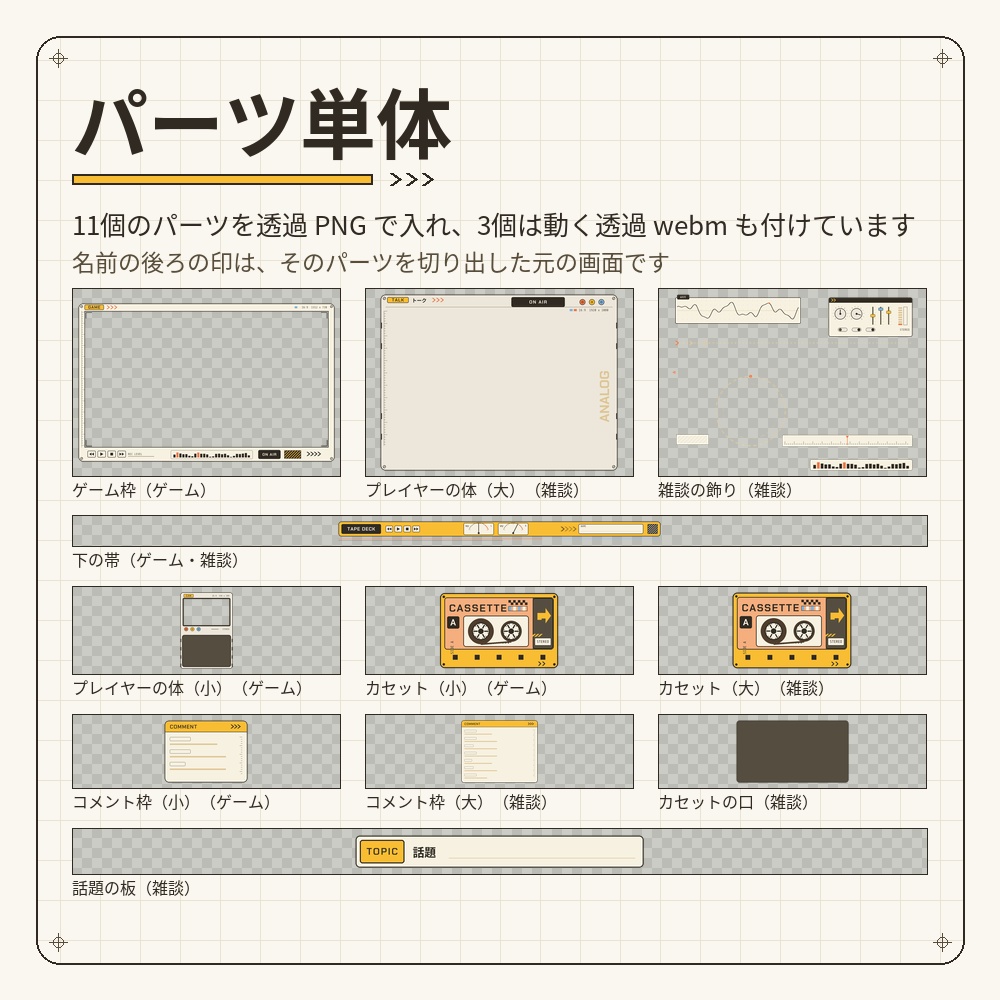 レトロなカセットデッキの動く配信画面セット【待機画面・エンディング・雑談・ゲーム配信/透過パーツ・動くカセット付き/Vtuber素材】