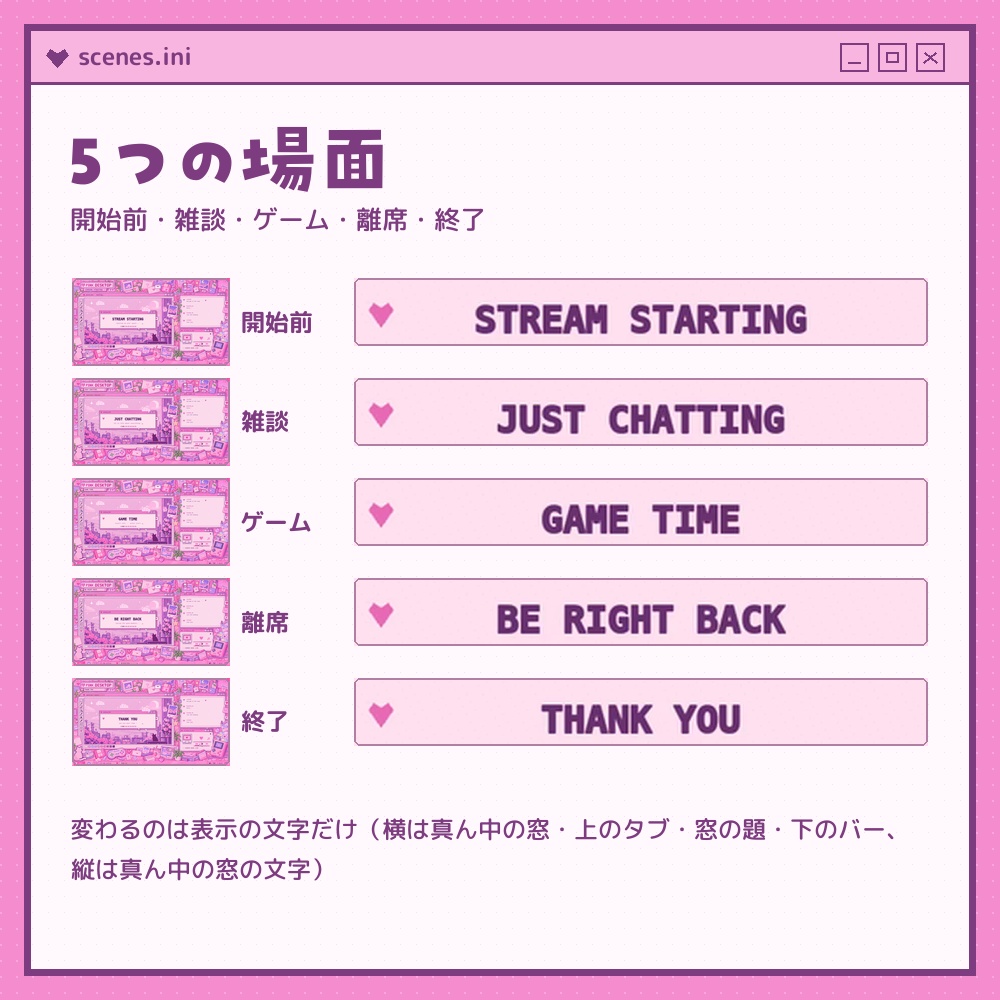 ピンク・デスクトップ|動く配信画面 5シーン×横縦セット