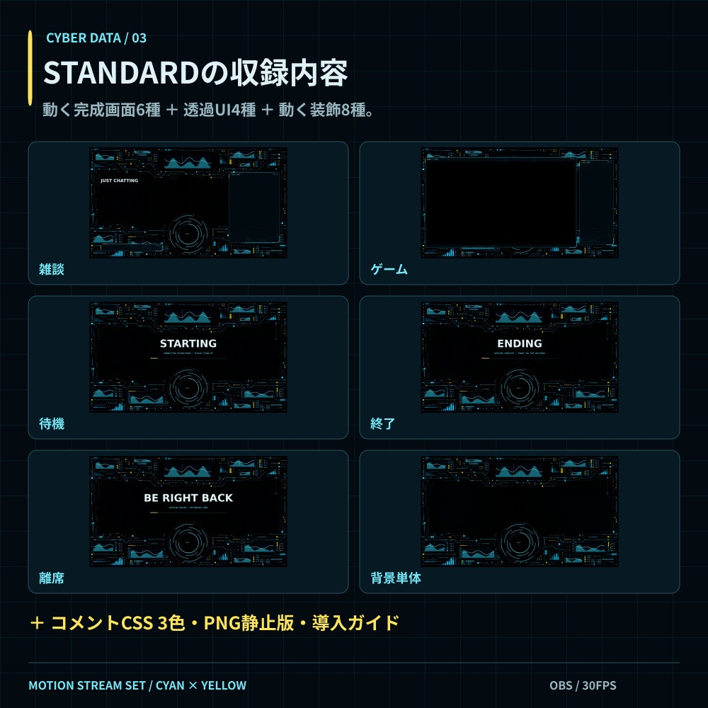 【動く配信画面】サイバーHUD配信素材セット|OBS・コメントCSS付き|CYBER DATA