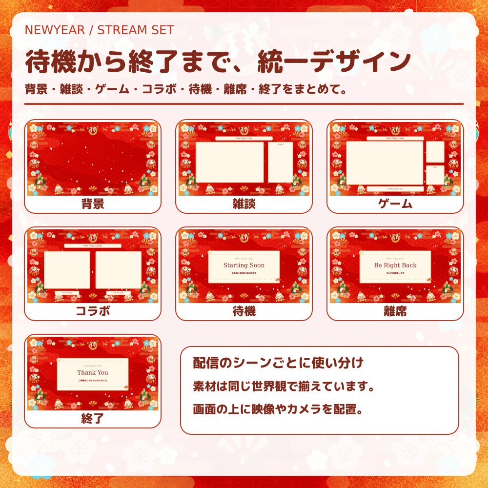 【動く配信素材】朱赤と梅の正月配信セット|OBS