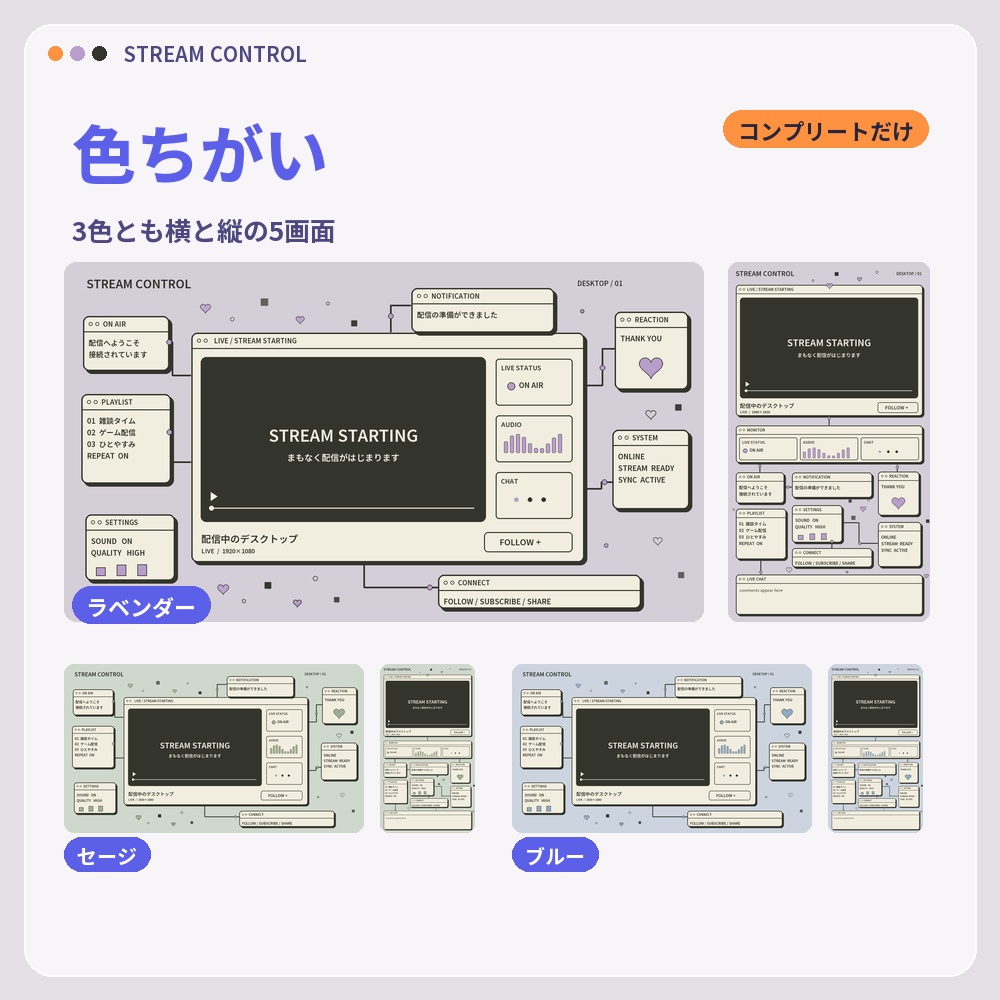【動く配信画面】レトロUI STREAM CONTROL 待機・雑談・ゲーム・離席・終了|横・縦えらべる5セット|コンプリートは3色