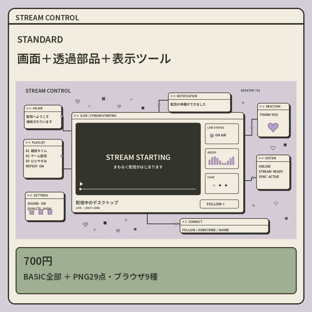 【動く配信素材】STREAM CONTROL|レトロUI・ラベンダーの配信画面セット|OBS