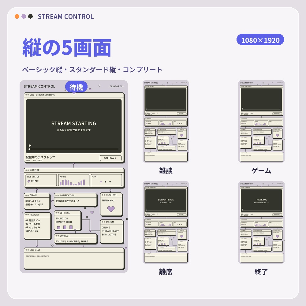 【動く配信画面】レトロUI STREAM CONTROL 待機・雑談・ゲーム・離席・終了|横・縦えらべる5セット|コンプリートは3色