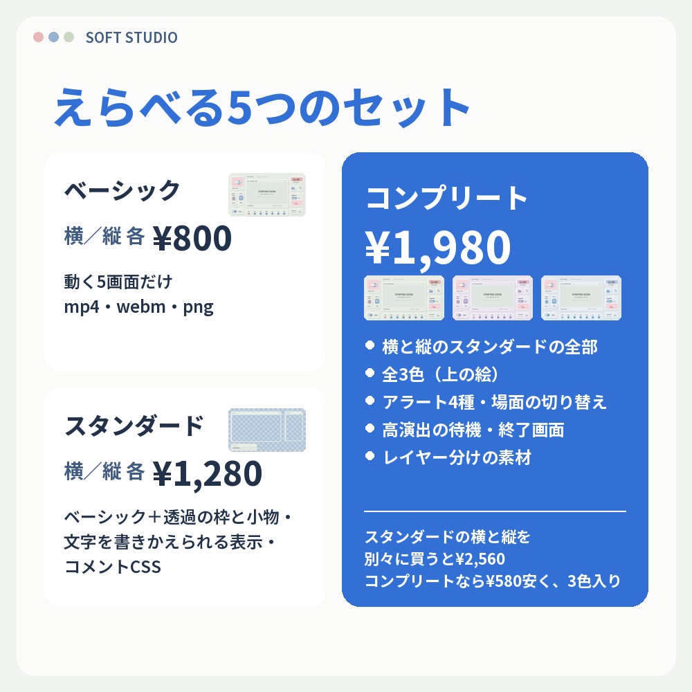 【動く配信画面】やわらかUI SOFT STUDIO 待機・雑談・ゲーム・離席・終了|横・縦えらべる5セット|コンプリートは3色