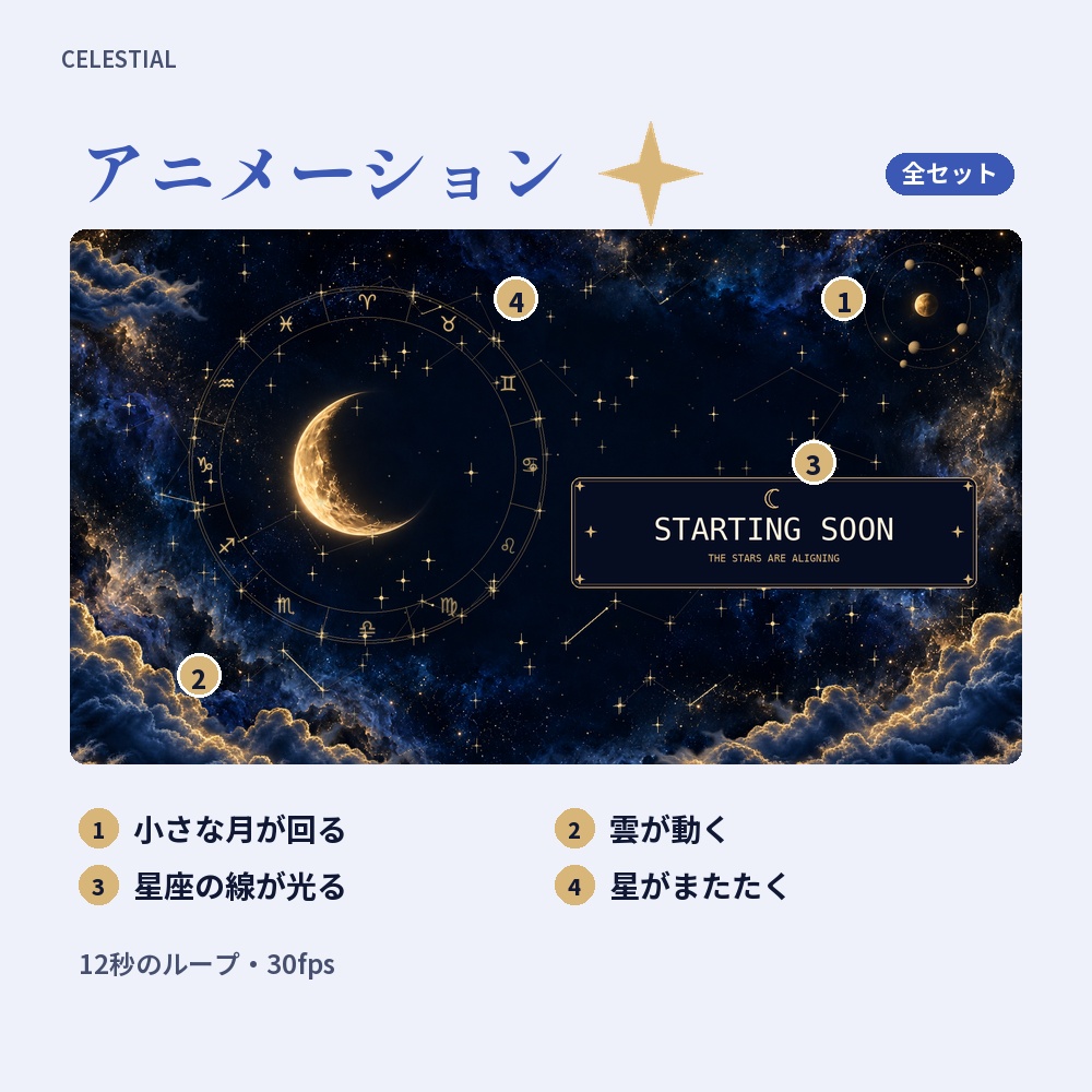 【動く配信画面】星と月の夜空 CELESTIAL 待機・雑談・ゲーム・離席・終了|横・縦えらべる5セット
