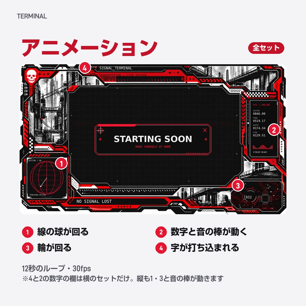 【動く配信画面】赤と黒のサイバー TERMINAL 待機・雑談・ゲーム・離席・終了|横・縦えらべる5セット