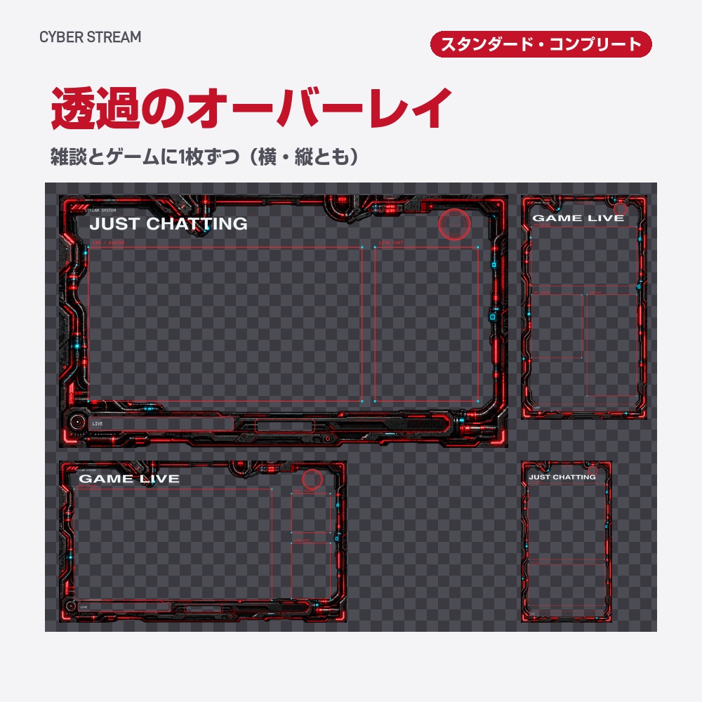 【動く配信画面】赤く光るメカ枠とHUD CYBER STREAM 待機・雑談・ゲーム・離席・終了|横・縦えらべる5セット