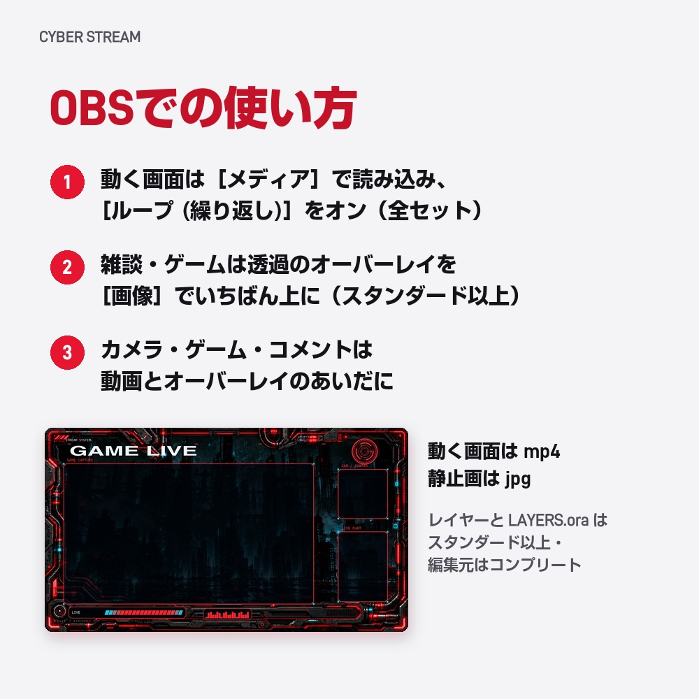 【動く配信画面】赤く光るメカ枠とHUD CYBER STREAM 待機・雑談・ゲーム・離席・終了|横・縦えらべる5セット