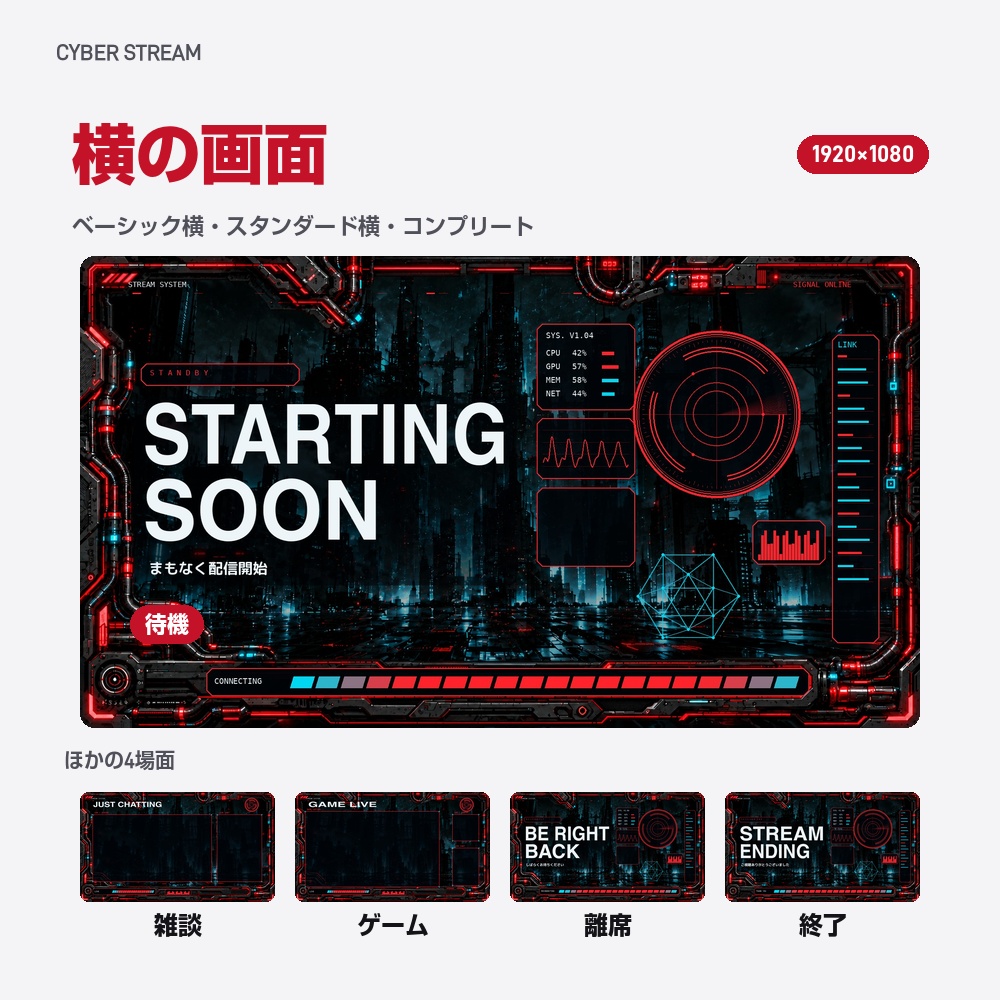 【動く配信画面】赤く光るメカ枠とHUD CYBER STREAM 待機・雑談・ゲーム・離席・終了|横・縦えらべる5セット