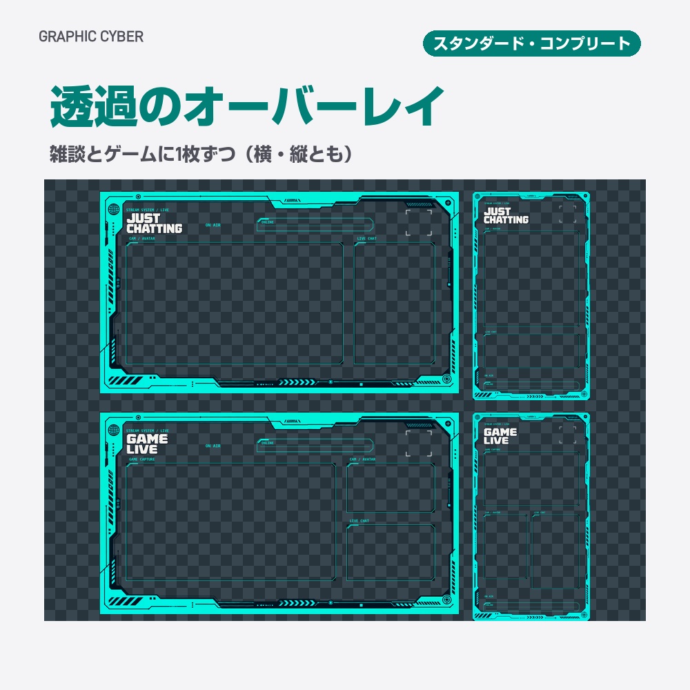 【動く配信画面】光る線の枠とHUD GRAPHIC CYBER 待機・雑談・ゲーム・離席・終了|横・縦えらべる5セット