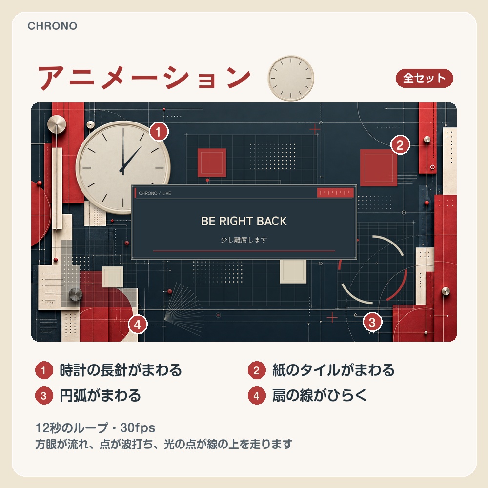【動く配信画面】紺と赤の幾何学とアイボリーの時計 CHRONO 待機・雑談・ゲーム・離席・終了|横・縦えらべる5セット|コンプリートはアラート・切り替えつき
