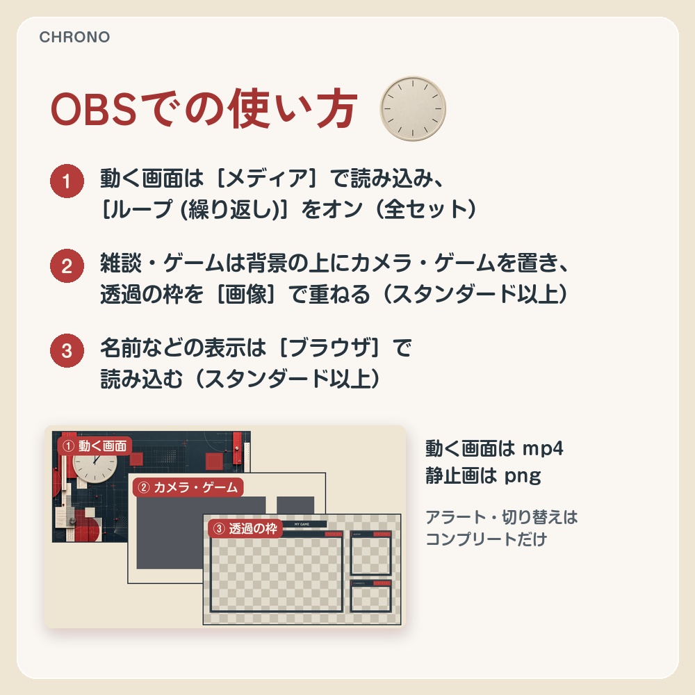 【動く配信画面】紺と赤の幾何学とアイボリーの時計 CHRONO 待機・雑談・ゲーム・離席・終了|横・縦えらべる5セット|コンプリートはアラート・切り替えつき