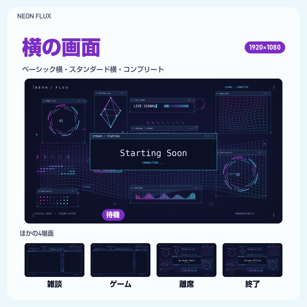 【動く配信画面】ネオンの線のPC画面 NEON FLUX 待機・雑談・ゲーム・離席・終了|横・縦えらべる5セット